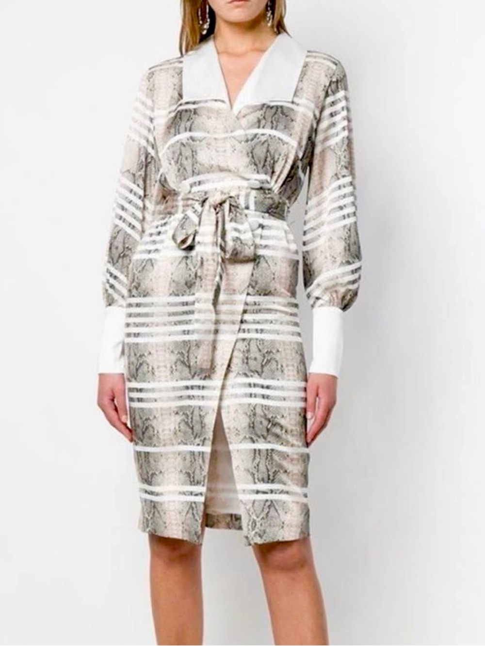 Three Floor Snake-Print Belted Midi Dress in Taupe & White